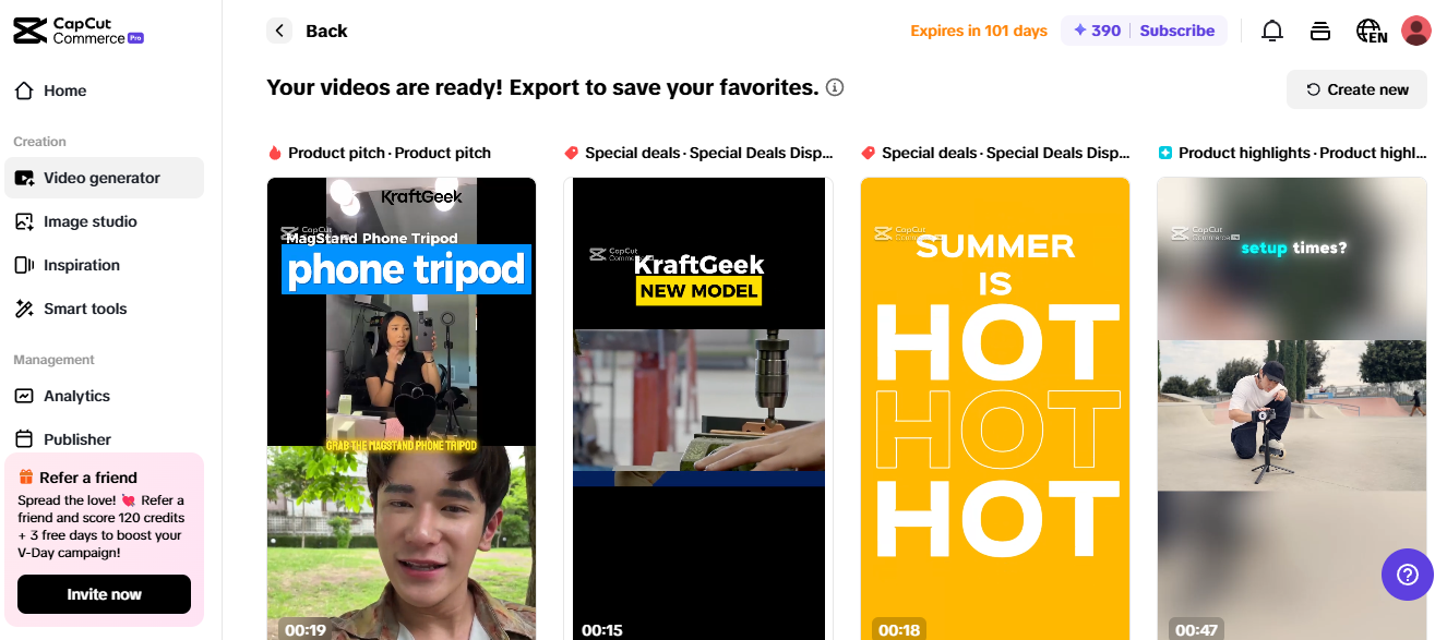 Pippit interface showcasing product pitch videos, useful for profitable eBay strategies.